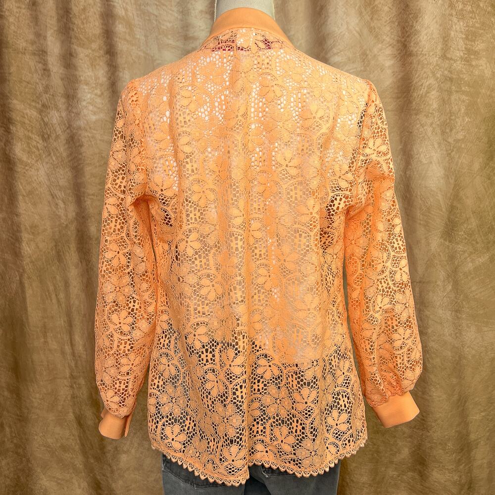 Vintage 70s Lace Top Open Front Crochet Floral Pastel Orange Long Sleeve Retro - Picture 3 of 8